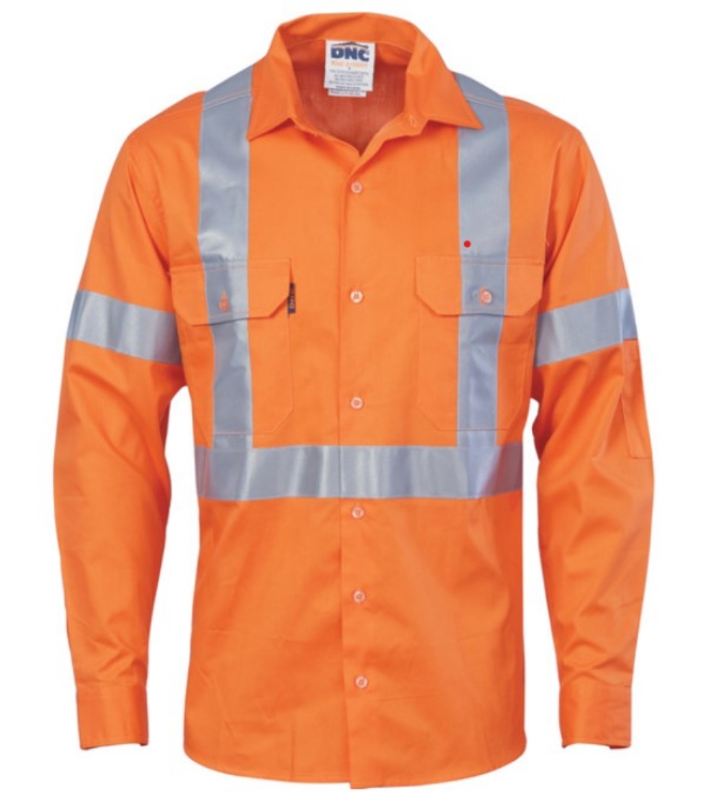 Picture of DNC Unisex HiVis Orange 100% Cotton NSW Rail Compliant Shirt with X Back CSR R/Tape 155gsm L/S