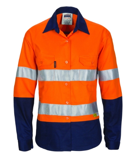Picture of DNC Ladies Hi Vis Two Tone Cool-Breeze 100% Cotton Shirt with 3M R/Tape 155gsm L/S