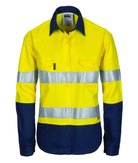 Picture of DNC Ladies Hi Vis Two Tone Cool-Breeze 100% Cotton Shirt with 3M R/Tape 155gsm L/S