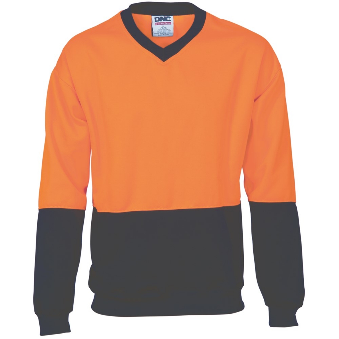 Picture of **FREYSSINET** DNC 300gsm Polyester Cotton HiVis Two Tone Fleecy OR/NVYt (Sloppy Joe)
 V Neck including 1 colour logo to front of garment