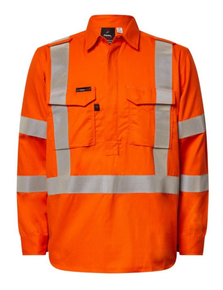 Picture of FLAME BUSTER Hi Vis HRC2  Inherent Closed Front Reflective Shirt with X Pattern And Gusset Sleeves 195gsm L/S