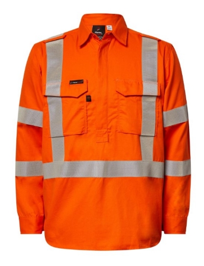 Picture of FLAME BUSTER Hi Vis HRC2  Inherent Closed Front Reflective Shirt with X Pattern And Gusset Sleeves 195gsm L/S