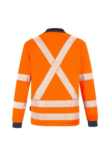 Picture of SYZMIK Unisex Hi Vis Orange X Back Polo Shirt with NSW Rail Segmented Reflective Tape 175gsm