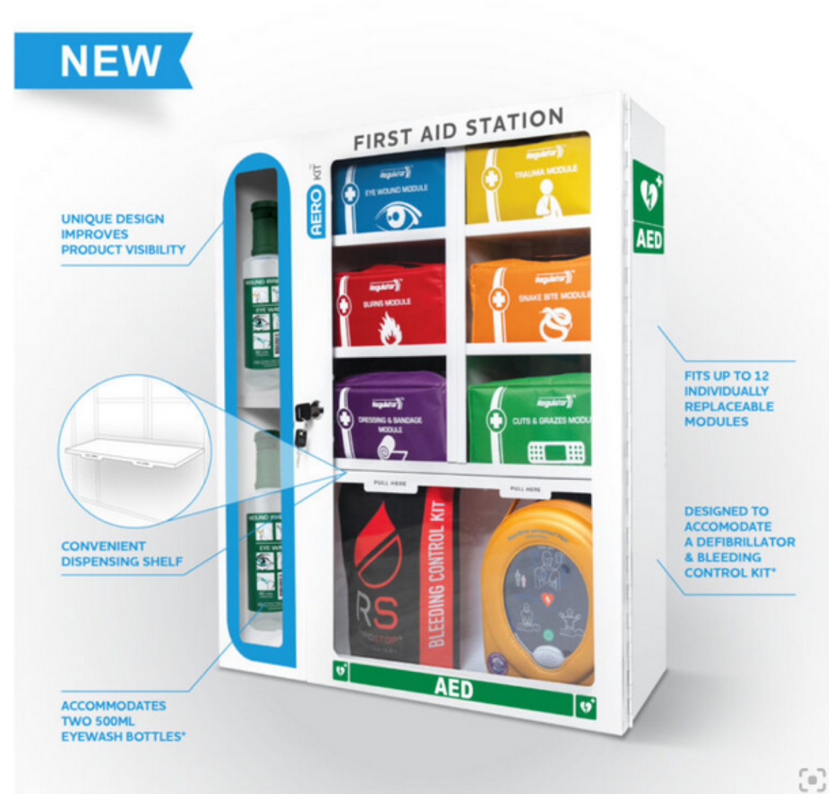 Picture of AEROKIT First Aid Station with 6 Modules (Defib, Bleeding Control Kit and Eyewash Bottles sold separately.Includes Cabinet and 6 Modules only)