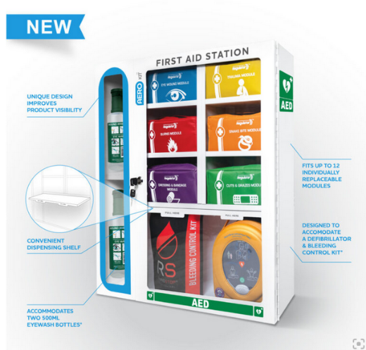 Picture of AEROKIT First Aid Station with 6 Modules (Defib, Bleeding Control Kit and Eyewash Bottles sold separately.Includes Cabinet and 6 Modules only)