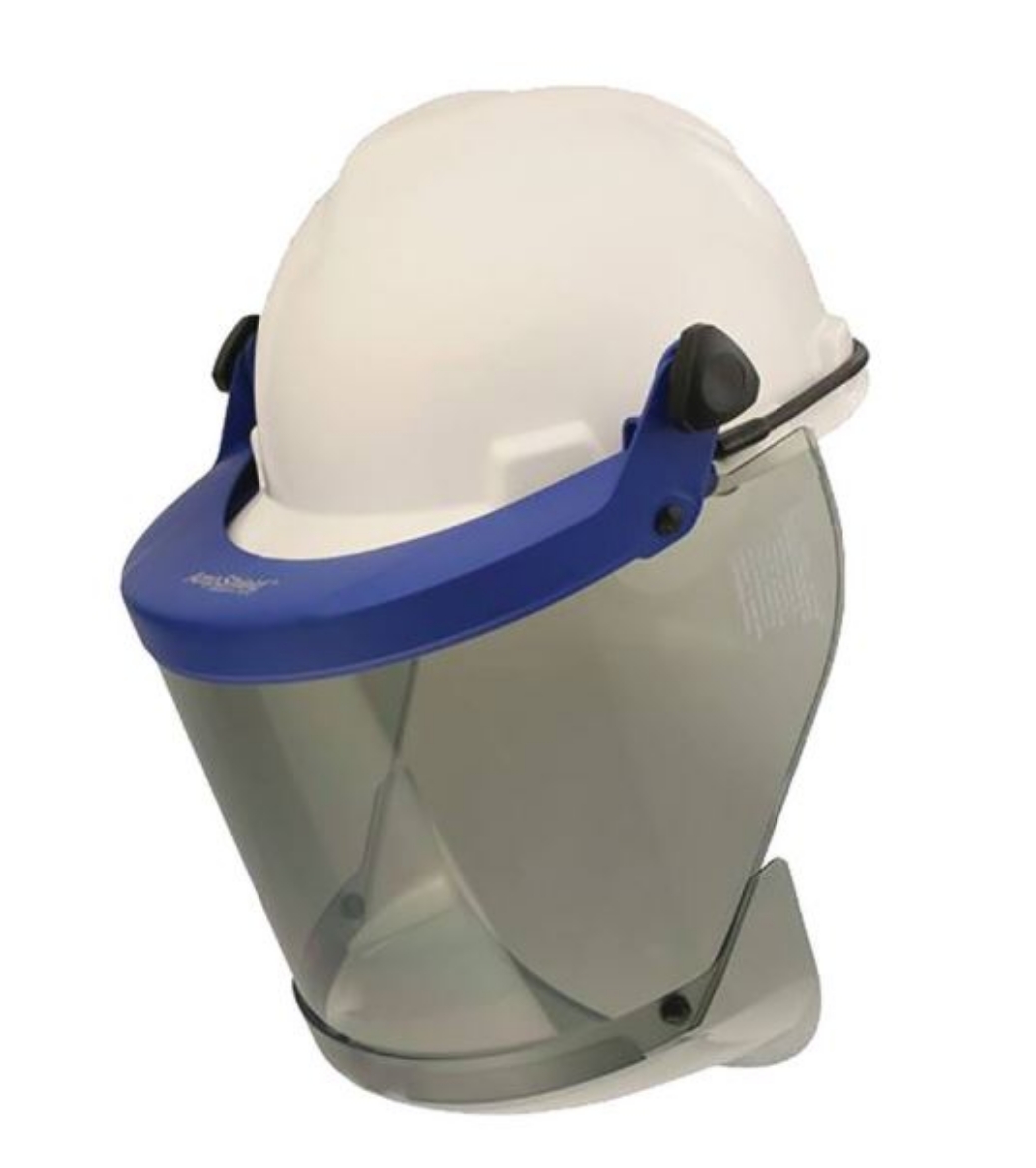 Picture of GUARDIAN ARCPlus Visor Grey HT for peaked hard hats, 20 cal/cm2, Standard Chinguard, Elastomeric Band Style - complete with Hard Hat